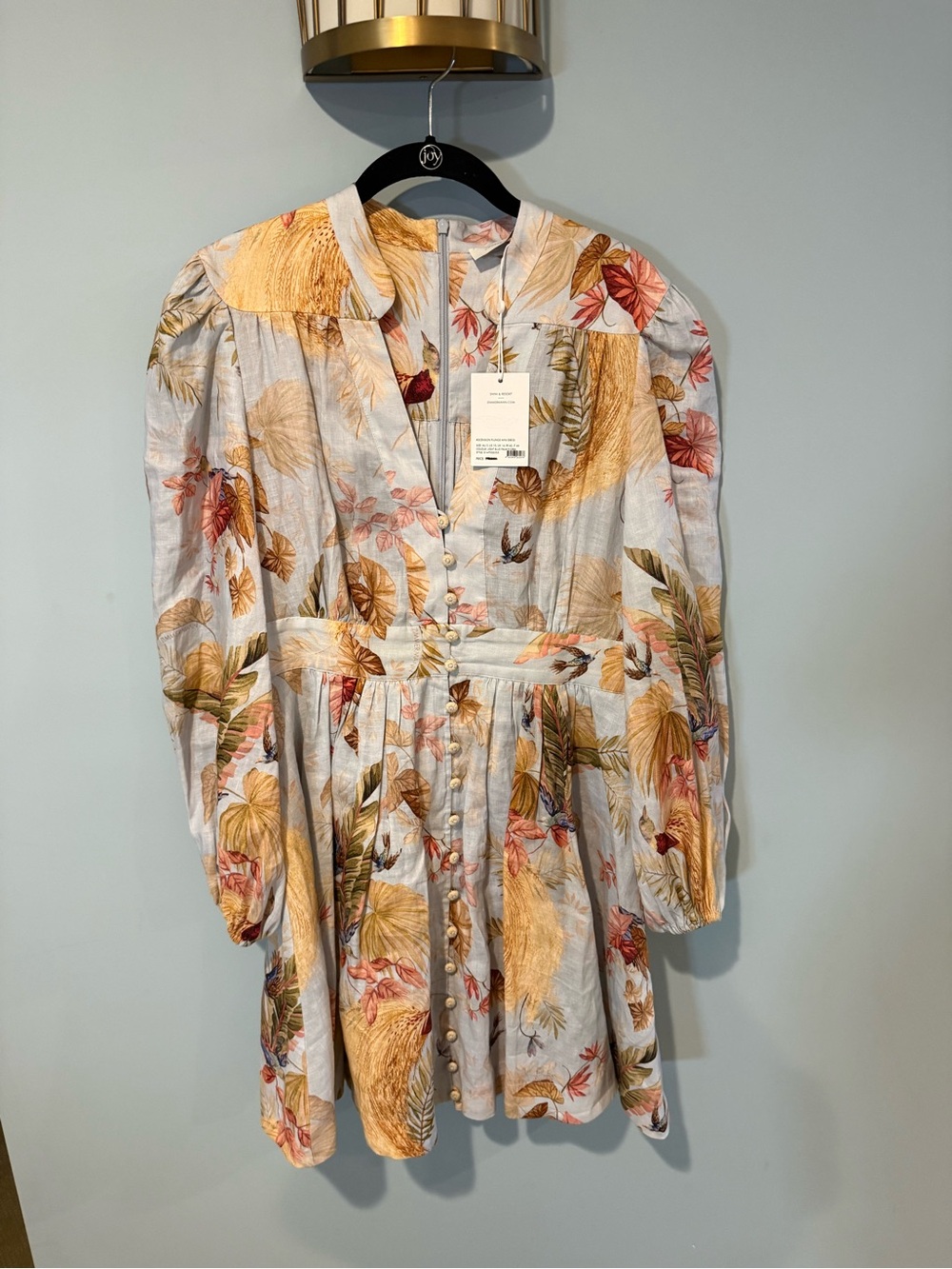Zimmermann Light Blue Tropical-Print Puff-Sleeve Mini Dress with Yellow Accents - Picture 4 of 7